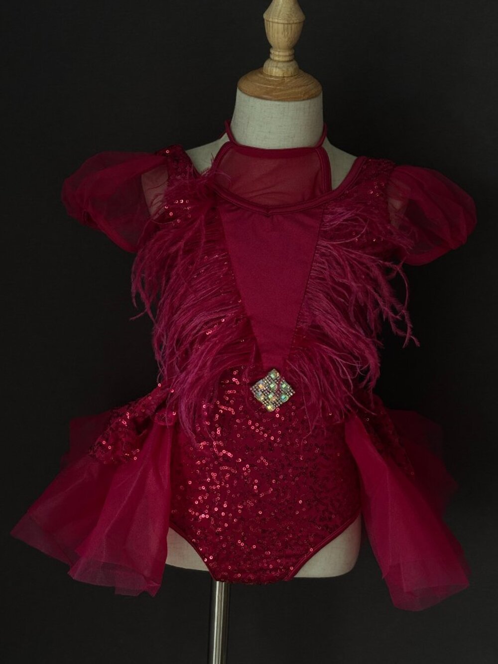 Weissman Red Sequin Feather Bustle Leotard Jazz Dance Costume IC